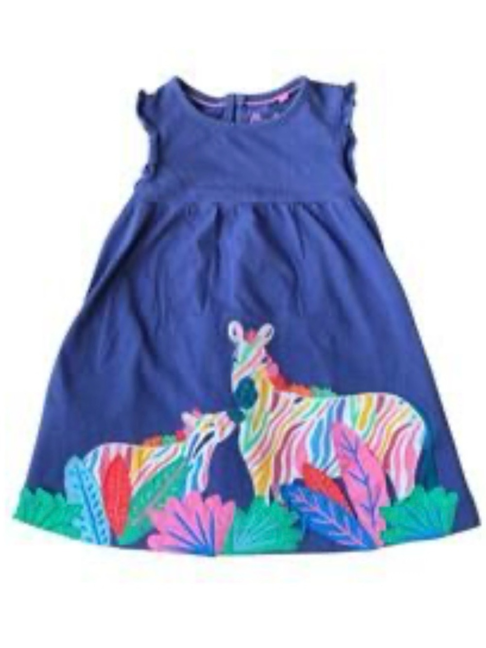 Mini Boden Navy Blue Zebra Print Ruffle Accent Dress Sz 7-8